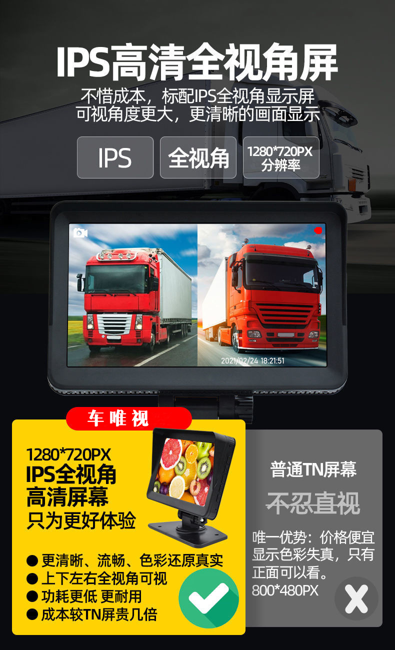 Large truck dashcam AHD high-definition night vision front and rear dual recording reversing image display 12V24 camera