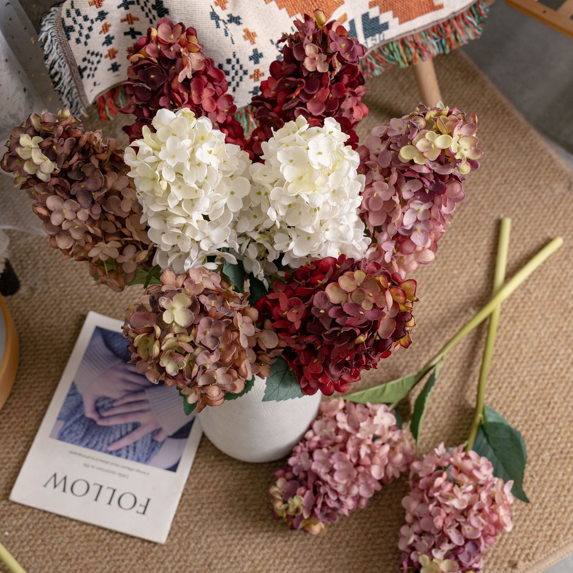 Fleurs d'hortensia artificielles pour la décoration de mariage, artisanat, vente en gros, plantes vertes transfrontalières