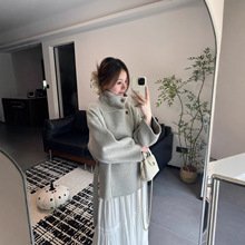 秋冬简约纯色立领长袖腰带双排扣门襟设计款加厚短款羊毛呢外套女