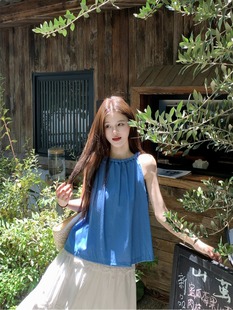 Klein Blue Halterneck Camisole Women's Summer Dopamine French Fairy Unique Outer Sleeveless Cotton and Linen Top
