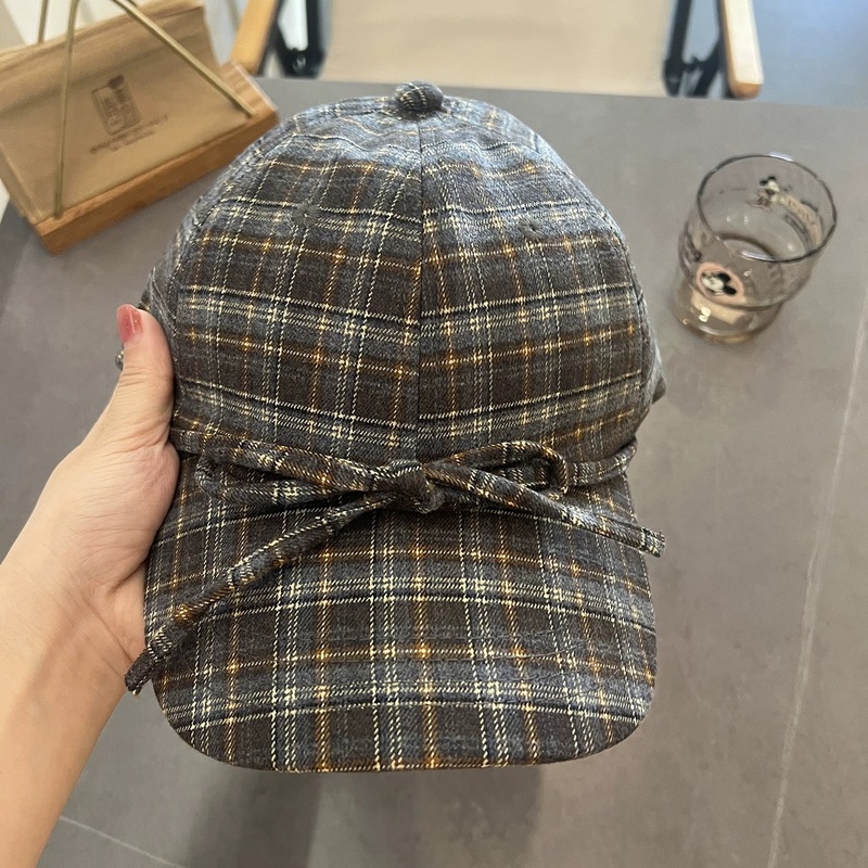 学院风少女感磨毛格纹蝴蝶结绑带棒球帽秋冬休闲百搭显脸小鸭舌帽|undefined