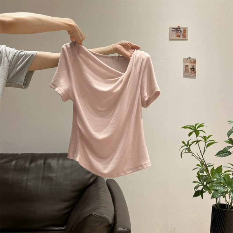 モーダルの新しいデザインのスイングカラースリムフィット多用途半袖Tシャツレディース韓国風ユニークなトップ|undefined
