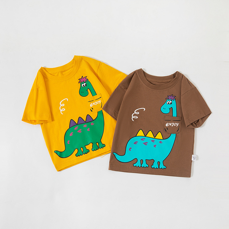 Ropa para niños transfronterizos Camiseta de manga corta para niños Nuevo verano para niños con bolsillos de dibujos animados de media manga Tops sueltos al por mayor