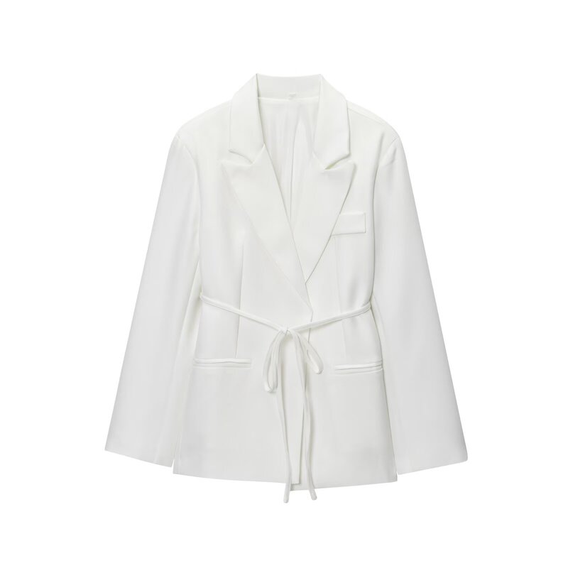 2025 New Autum White Slanted Lapel Commuter Style Pure Color Waist Tie Loose Linen Blend Suit Jacket