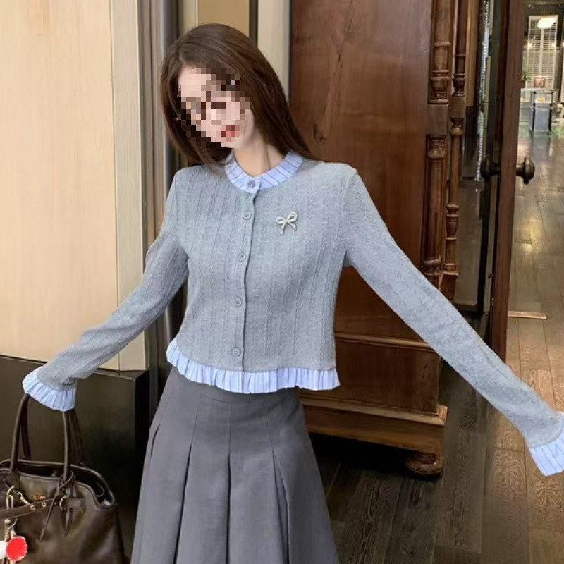 College Style Women's Korean Suit Early Autumn Wear New Knitted Cardigan 2025 Dress Gray Skirt