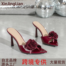 发跨境欧美女士立体花朵尖头高跟凉鞋女鞋酒红色高跟鞋婚鞋百搭