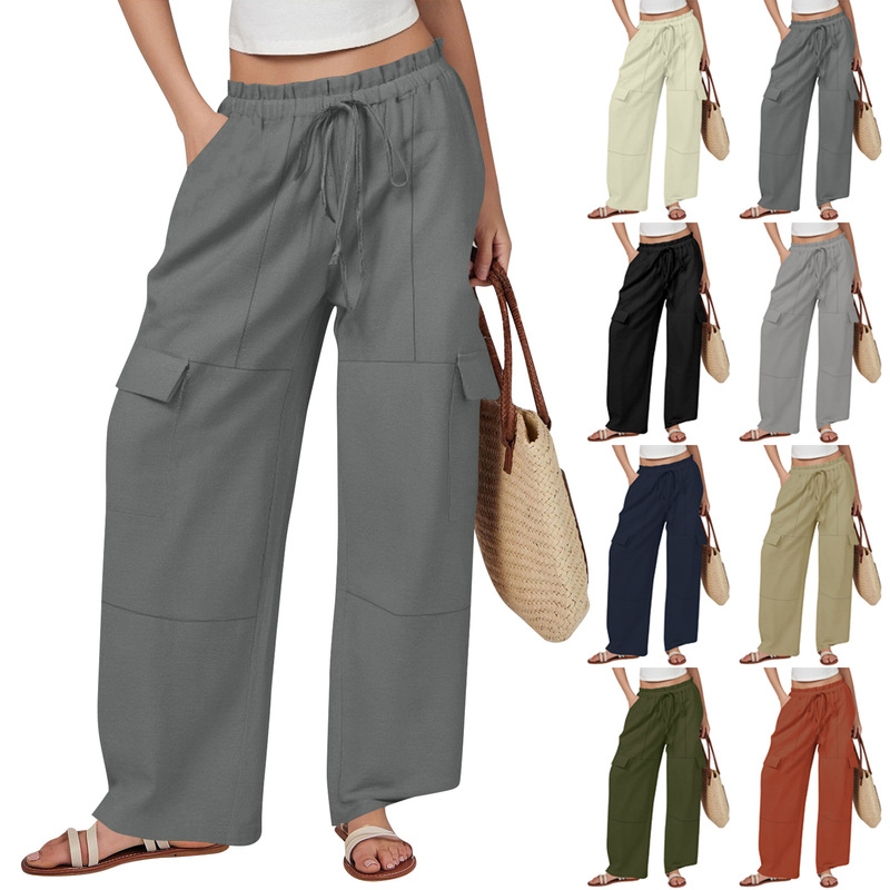 Amazon wish spring and autumn European and American women's solid color cotton and linen loose drawstring tooling wide leg casual trousers women