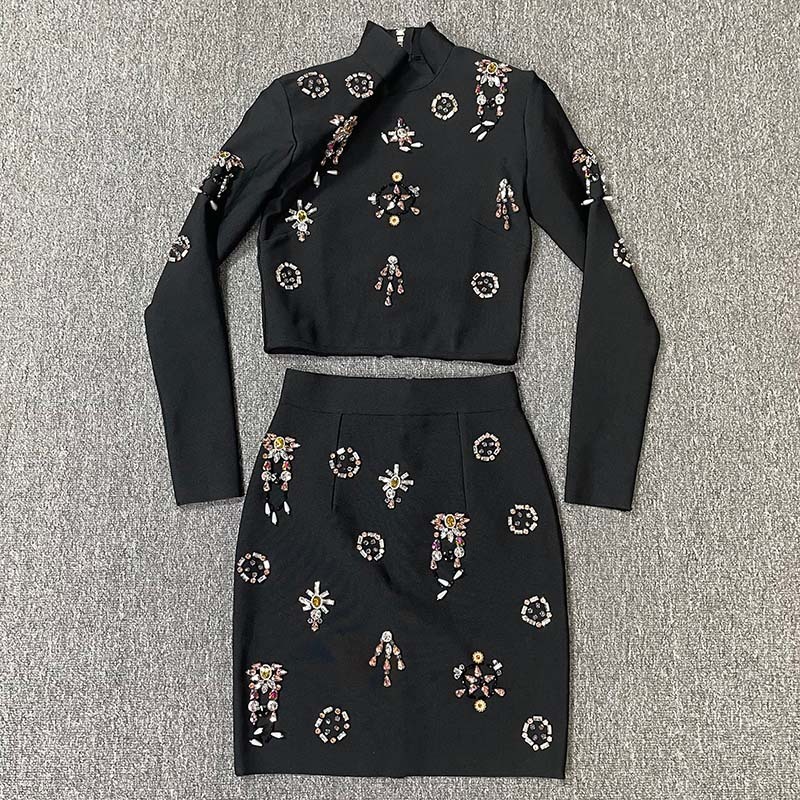 欧美跨境新款时尚镶钻长袖上衣名媛气质包臀裙绷带女装裙套装礼服|undefined