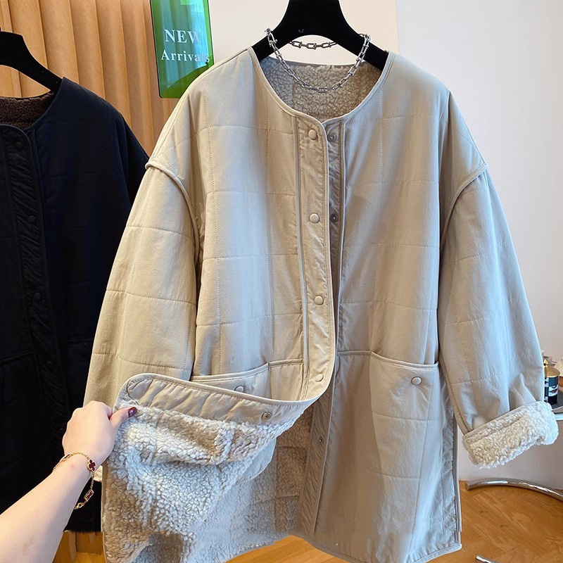 羊羔毛内里棉服女冬季中长款2025新款宽松加绒夹棉棉衣外套