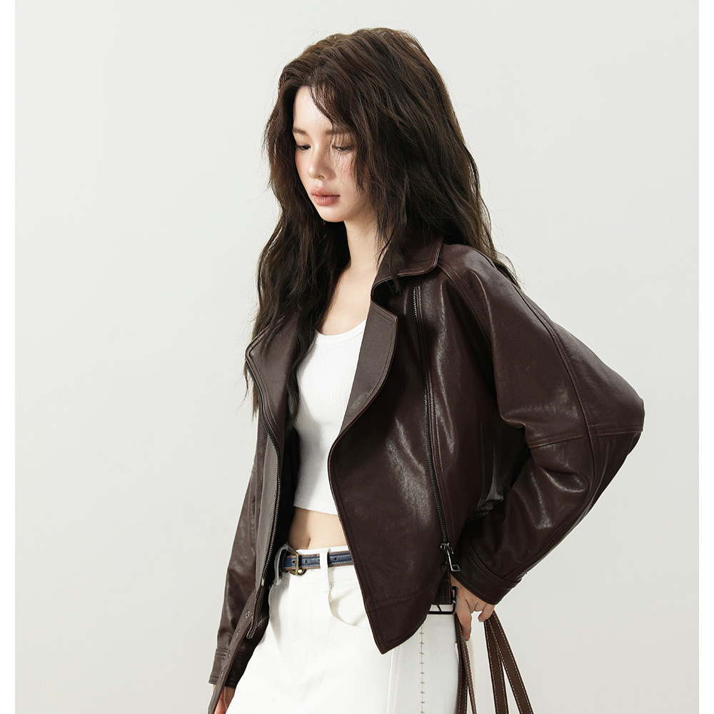 Autumn and Winter Leather Jacket for Women, Short Style, Vegetable-Tanned Sheepskin, Fashionable Biker Leather Jacket, Genuine Leather, Slim Fit