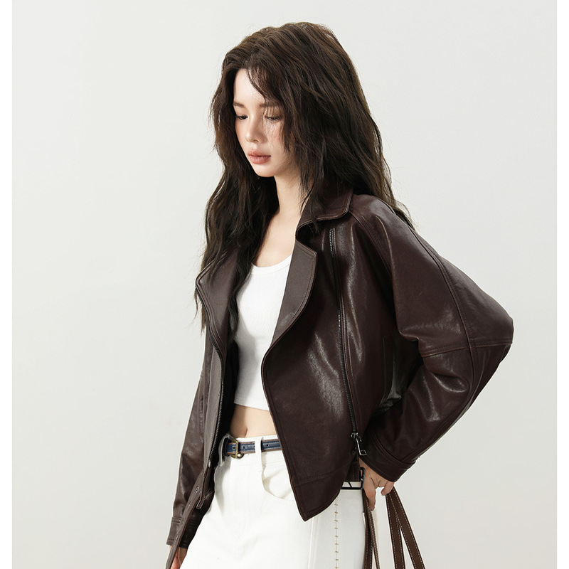 Autumn and Winter Leather Jacket for Women, Short Style, Vegetable-Tanned Sheepskin, Fashionable Biker Leather Jacket, Genuine Leather, Slim Fit