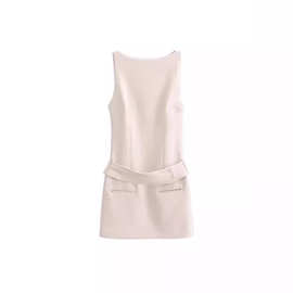 亚马逊批发2024春季欧美时尚无袖纯色系腰带修身连衣裙包臀短裙