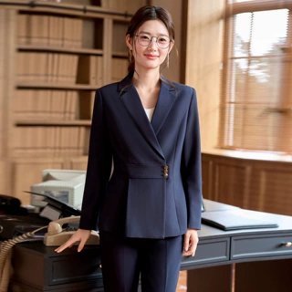 藏青色长袖职业装西装领外套女裤正装秋冬季新款两件式职业装套装