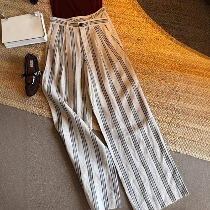 Designer Niche Style! Huge Explosion! Black and White Stripesd Cotton and Linen Casual Pants for Women High-Waisted Slim Straight Wide-Leg Pants