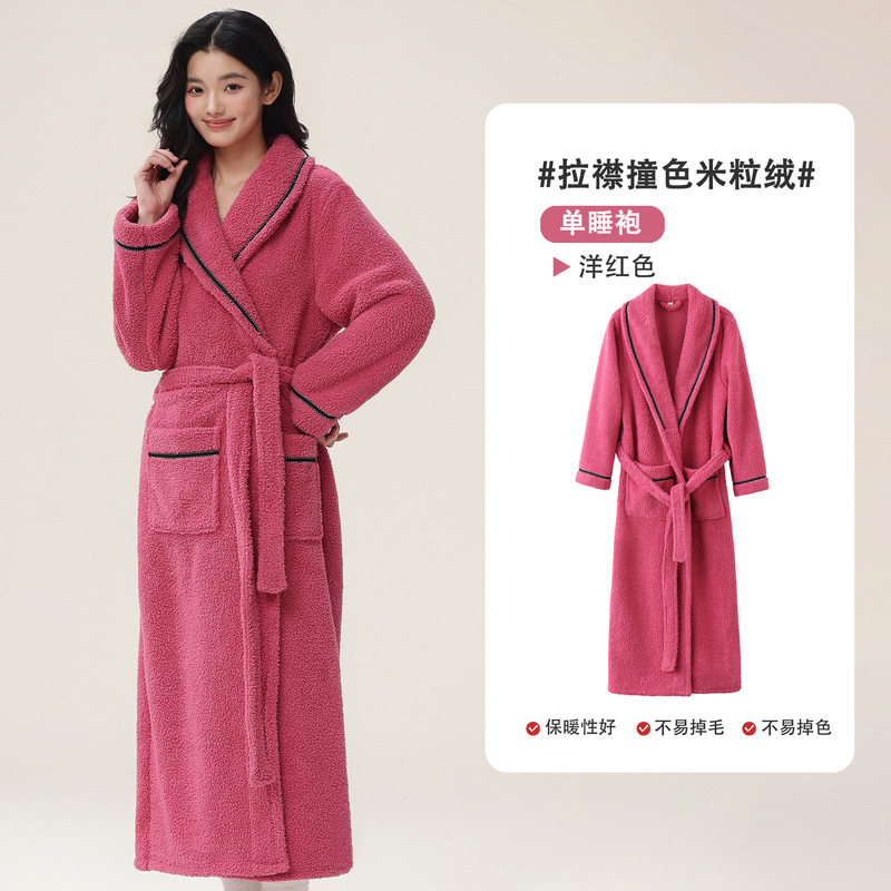 新款秋冬女睡袍半边绒加长加厚保暖睡衣情侣浴袍珊瑚绒家居服套装|undefined