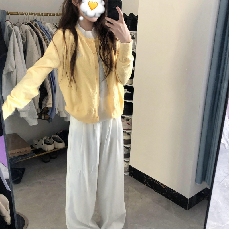 Goose Yellow Fake Two-piece Long-sleeved Sweater Knitted Sweater Women's Spring and Autumn Short Korean-style Early Autumn Wear Top Cardigan Jacket