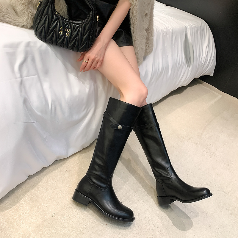 现货秒发苏茵茵韩剧女主韩国真皮小金扣中高筒靴长靴女骑士靴子|undefined