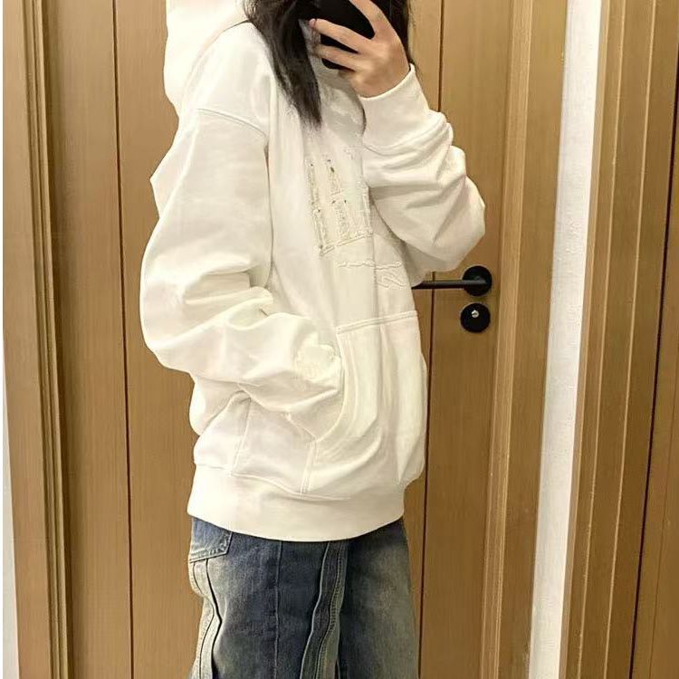 加绒白色连帽卫衣女2025秋冬宽松美式慵懒风chic早秋国潮设计外套|undefined