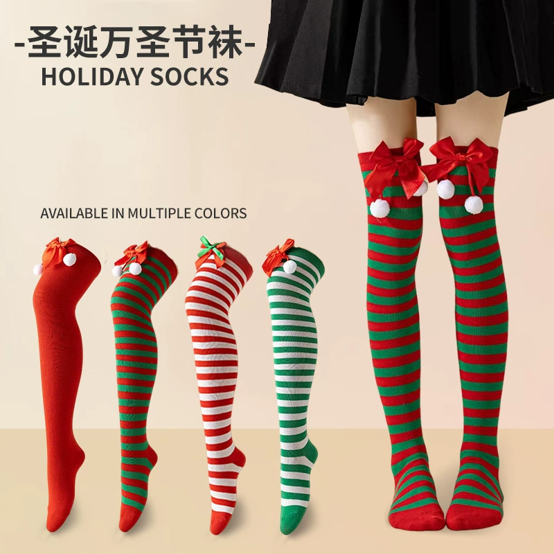 圣诞节红绿条纹过膝袜女ins学院风蝴蝶结毛球棉质护膝长筒袜子潮