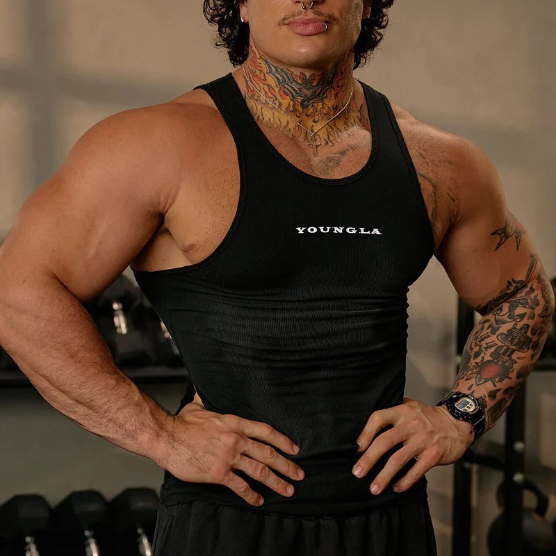 YOUNGLA New Knitted Ice Silk Ribbed Vest for Men, Sports Fitness Vest, Running Basketball Training Tight-Fitting Garment