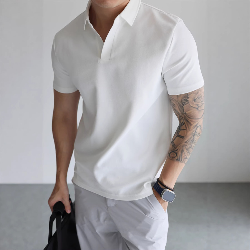 Highly Sophisticated Jacquard Texture Pique Cotton Short-Sleeve Polo Shirt for Men, Summer Business Versatile Seagull Collar Top