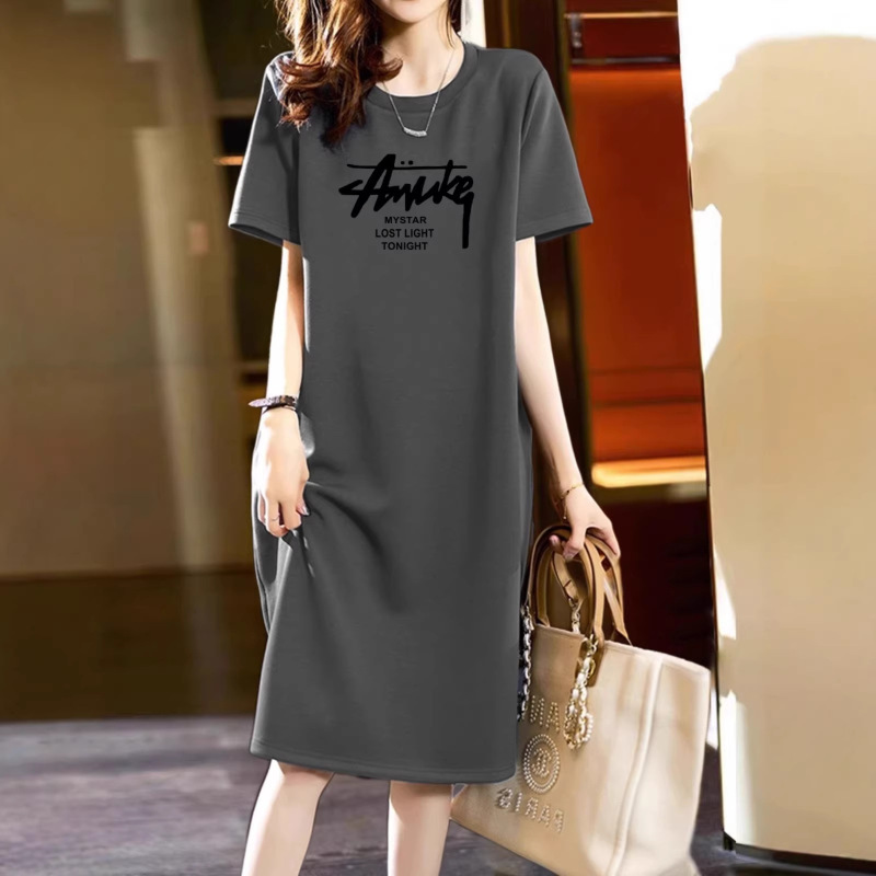 2025 Pure Cotton Short-Sleeved Long Dress, Loose Casual Over-The-Knee T-Shirt Dress, Simple Mid-Length Dress for Women, Slimming for Summer 2025 Pure Cotton Short-Sleeved Long Dress, Loose Casual Over-The-Knee T-Shirt Dress, Simple Mid-Length Dress for Women, Slimming for Summer