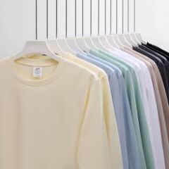 230グラム精櫛新疆綿綿綿ゆるい丸首長袖tシャツ男女全綿純色インナーカップルのシャツ