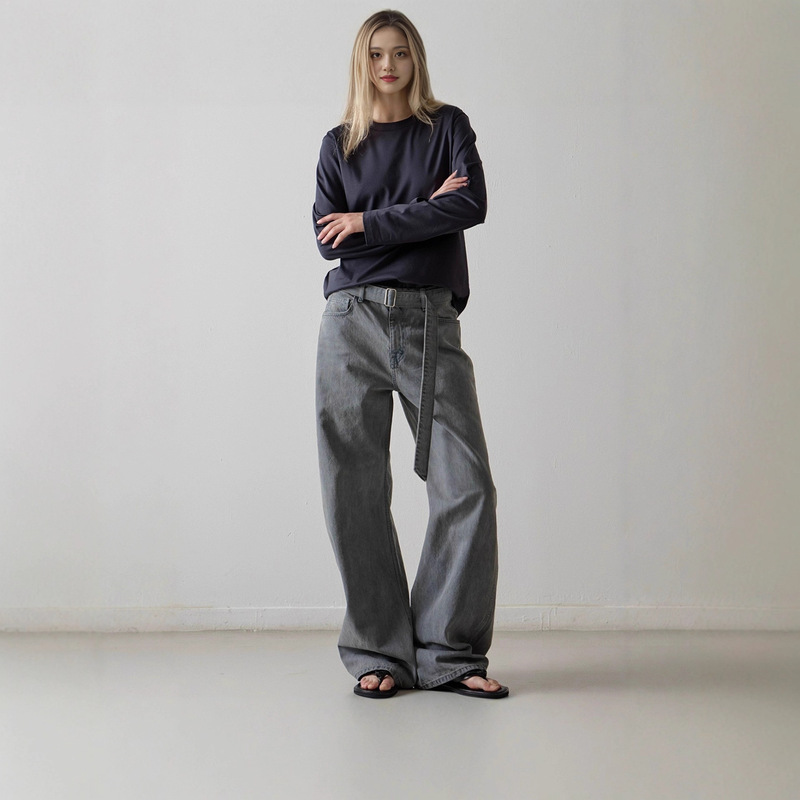 Now Fac*Depat* Detachable Belt Jeans Korean Designer Women's Retro Washed Korean Pants