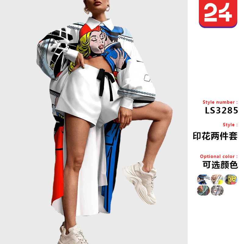 2023 transfronterizos Otoño e Invierno Nuevo europeo y americano impreso Top shorts traje camisa collar moda tendencia traje de dos piezas