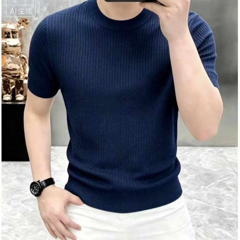 Light Luxury Style European Version Men's New Summer Round Neck Solid Color Knitted Simple Half-Shirt Youth Short-Sleeved Korean Style
