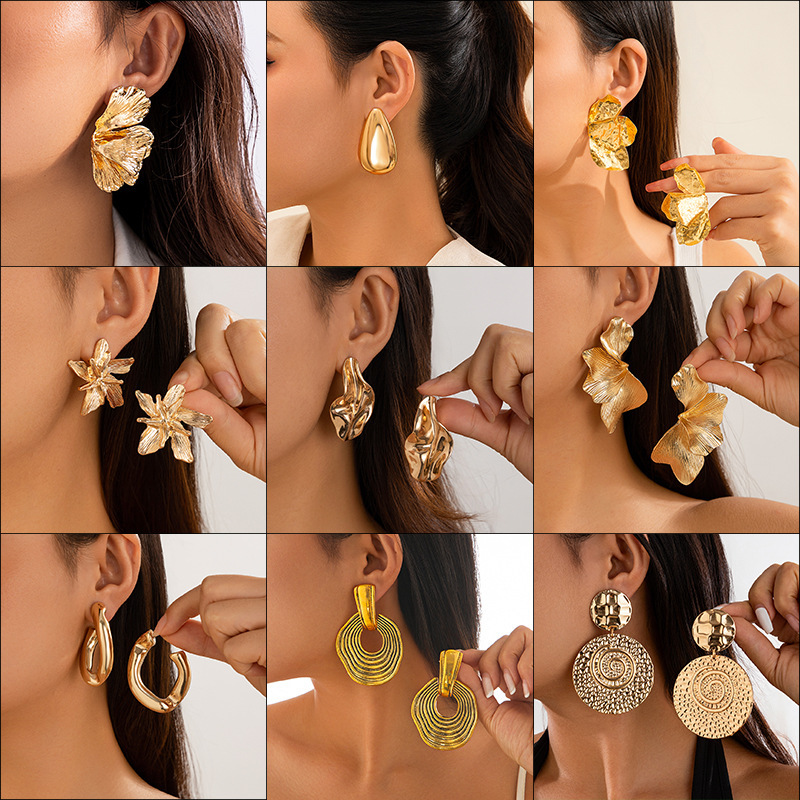 European and American cross-border jewelry irregular hollow twisted ring earrings geometric metal simple wind earring earrings