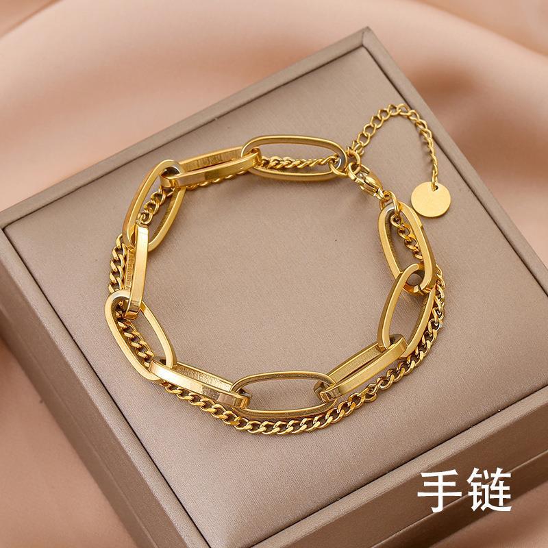 Titanium Steel Material Retro Fashion Gold Long Chain Pendant Double Layer Thick Bracelet Women's Trendy Brand Accessories