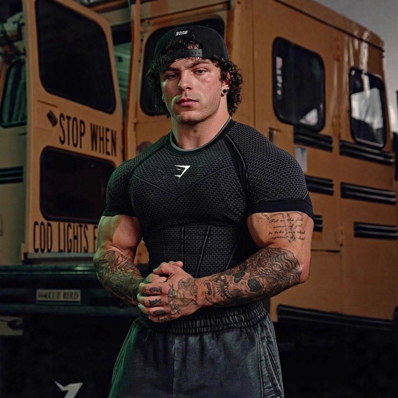 26 Cross-Border Gymshark2D Printed Fitness Tight-Fitting Quick-Drying Short-Sleeved T-Shirt Men's Shark Top Mlb Short-Sleeved T-Shirt