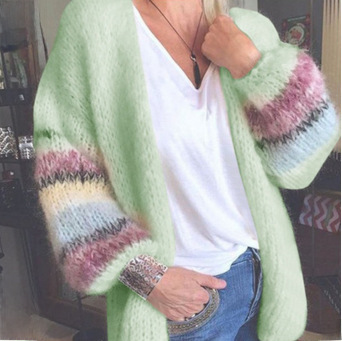 Women's Striped Mohair Cardigan Knitted Long Sleeved Coat_voghion.com