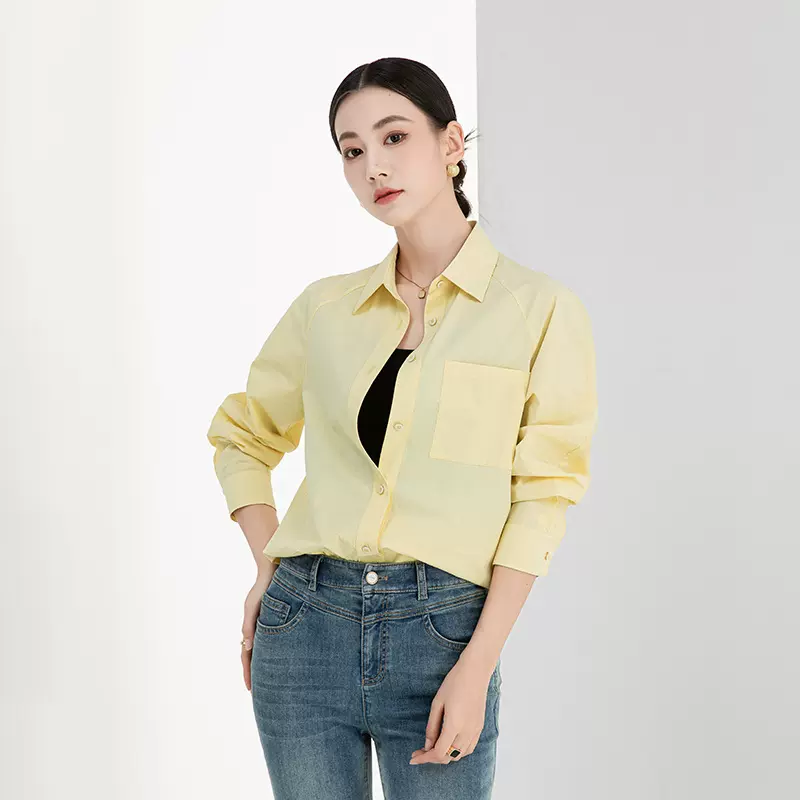 鑫阁 纯棉法式通勤衬衫女2024年春季新款柠檬黄防透防晒长袖衬衣