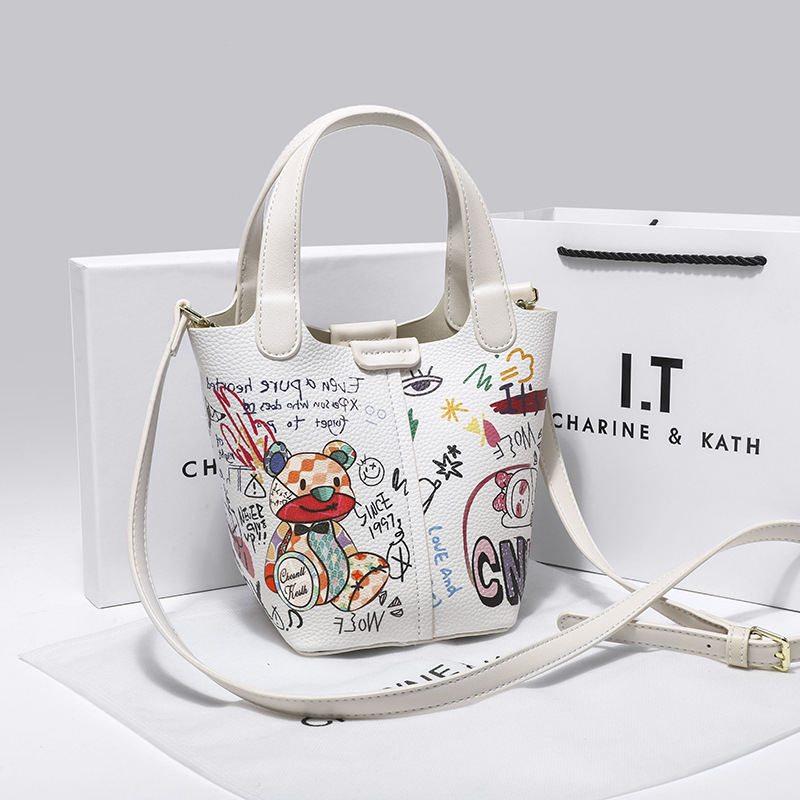 Little Bear Graffiti Basket Bucket for Women 2024 New High end Fashion Versatile Handheld Crossbody Bag_voghion.com