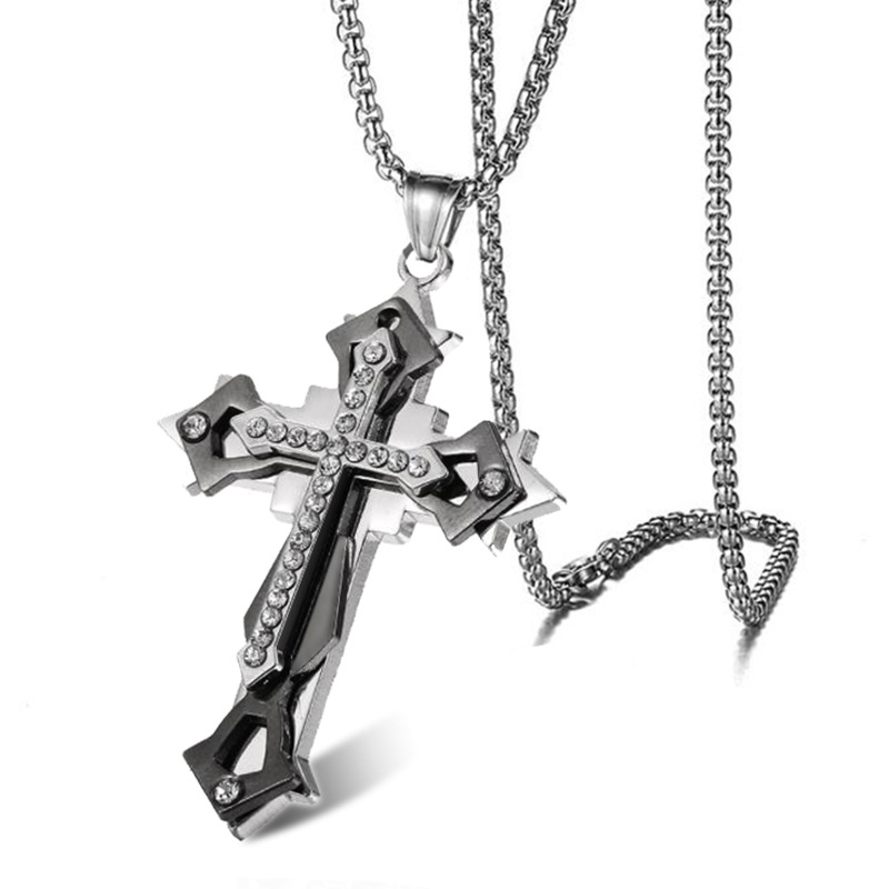 Collier unisexe en acier inoxydable moulé, orné d'une croix et de multiples diamants, style européen et américain, collection 2026 Foreign Trade._voghion.com