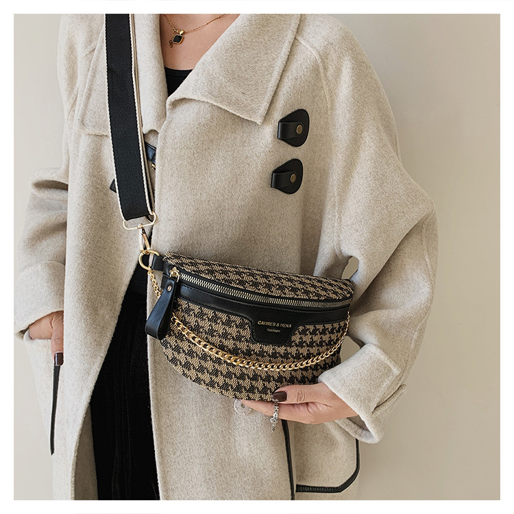 Bolso de pecho de la cintura del color del contraste de la lona de gran capacidad de las mujeres nicho moda houndstooth Leopard Print puesto de recogida de dinero bolsa de mensajero del hombro