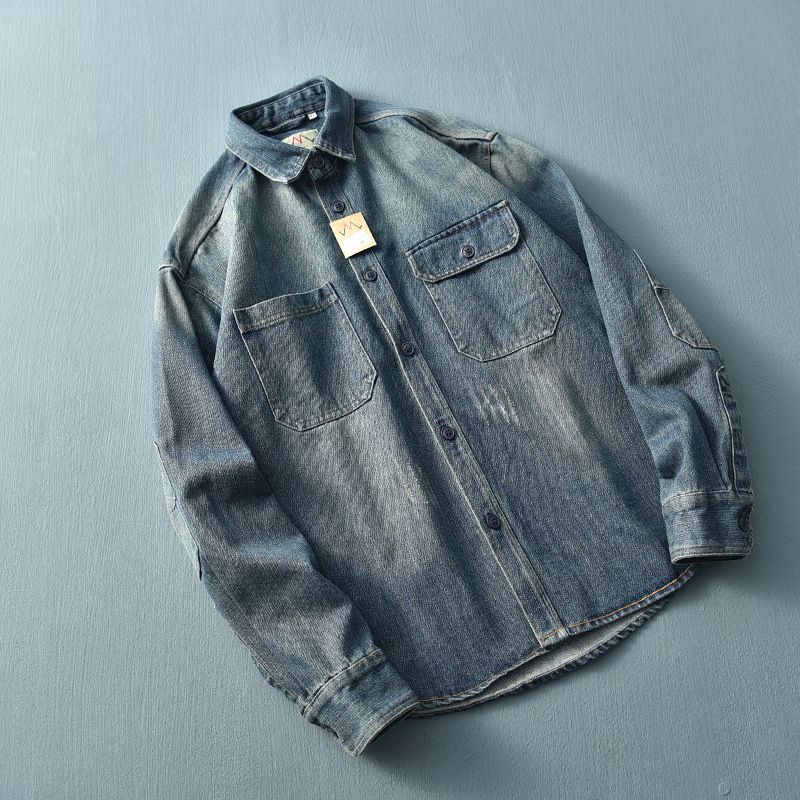 High-quality European And American Vintage Washed Workwear Thick Denim For Men, Loose Long-sleeved Shirt Jacket, Trendy_voghion.com