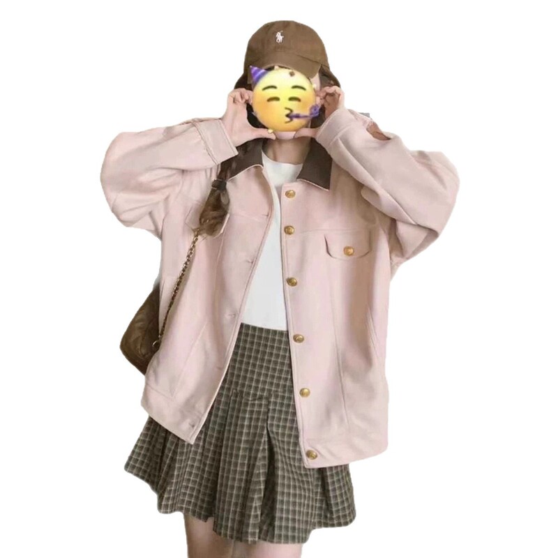 韩系粉色麂皮绒短外套女2025新款秋冬学院风翻领独特别致开衫夹克|undefined