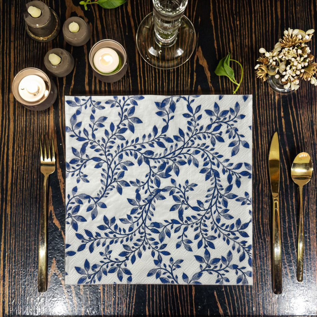 蓝色印花餐巾纸新款亚马逊热销 西餐鸡尾酒纸巾一次性源头工厂