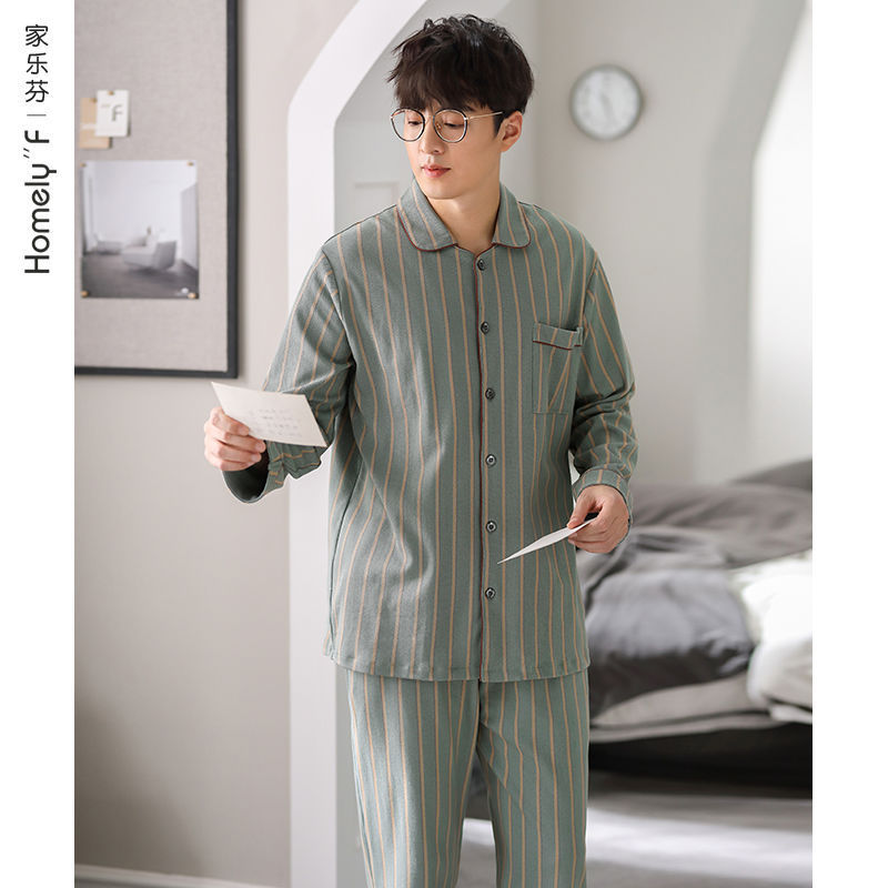 Pijamas de algodón para hombres primavera y otoño ropa de hogar de manga larga para hombres set de cuatro estaciones