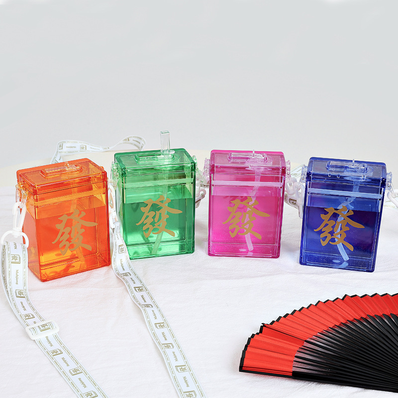 Nuevo cuadrado creativo cuadrado plástico Mahjong taza crossbody Correa paja taza simple ocio al aire libre taza de agua para estudiantes