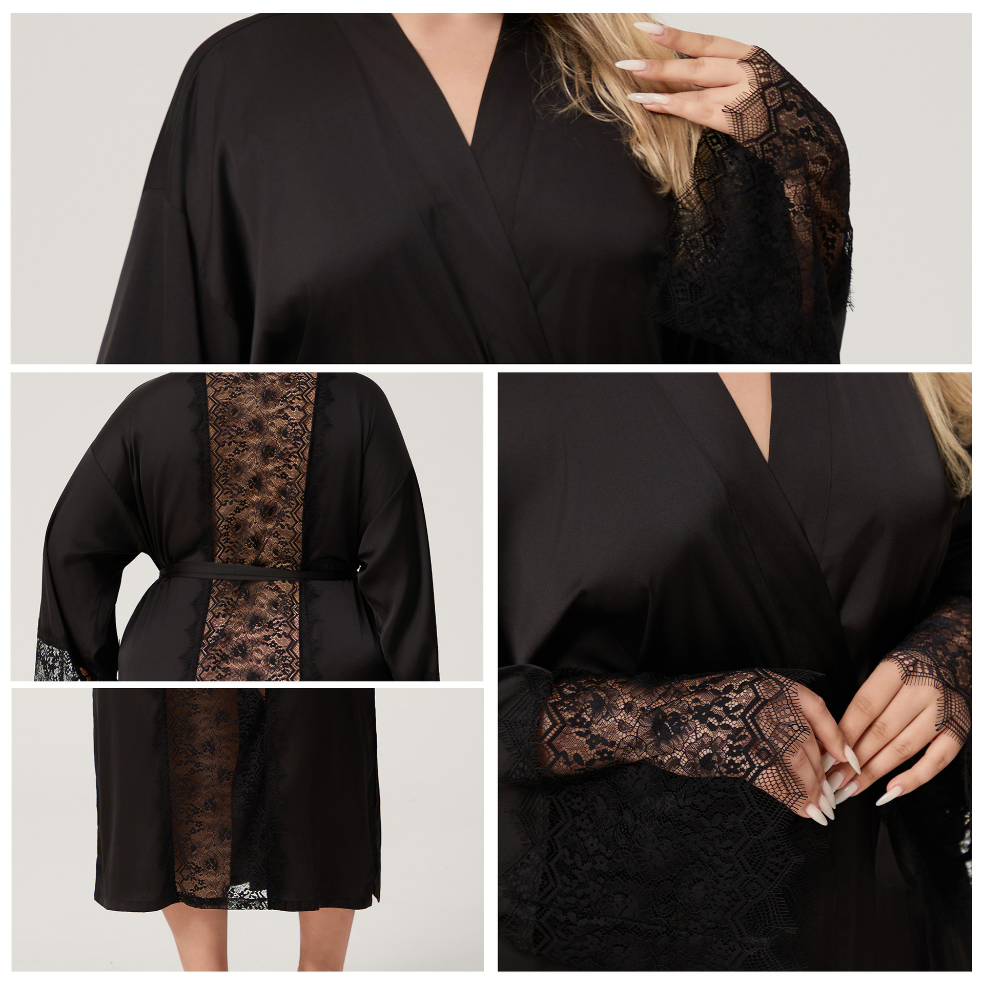 Yaoting satén de chiffón de primavera y otoño pijama de encaje de mangas largas pijamas de tamaño grande ropa para el hogar CP3824