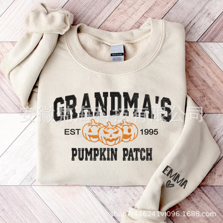Cross-Border Amazon Halloween Round Neck Sweatshirt Popular Pumpkin Mom Grandma Embroidered Sweatshirt Round Neck Sweatshirt