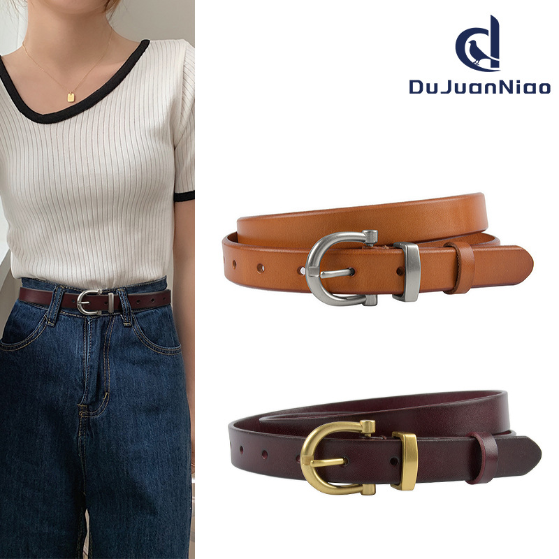 Top Grain Cowhide Leather Women's Belt - Simple Retro Style For Jeans And Casual Pants, 2.3cm Width, In Stock