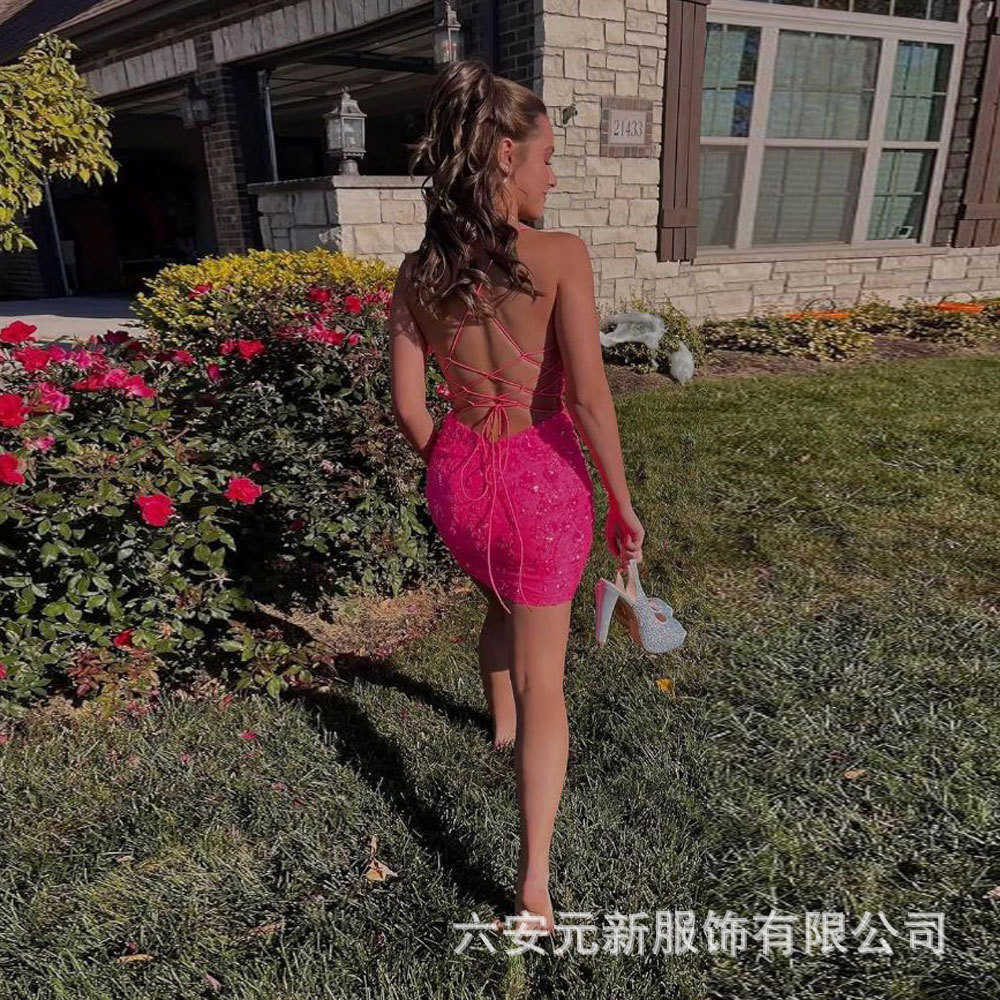 Comercio exterior europeo y americano Amazon nuevo lentejuelas vaina sexy V-cuello backless corto banquete bola partido vestido de noche image 2