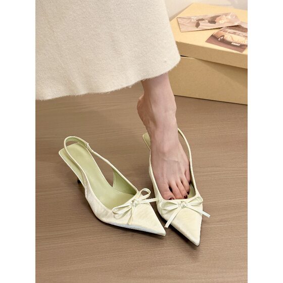Beauty to aphasia! Pointed Satin Bow Top Empty Sandals Women's Spring Gentle High Heeled Shoes