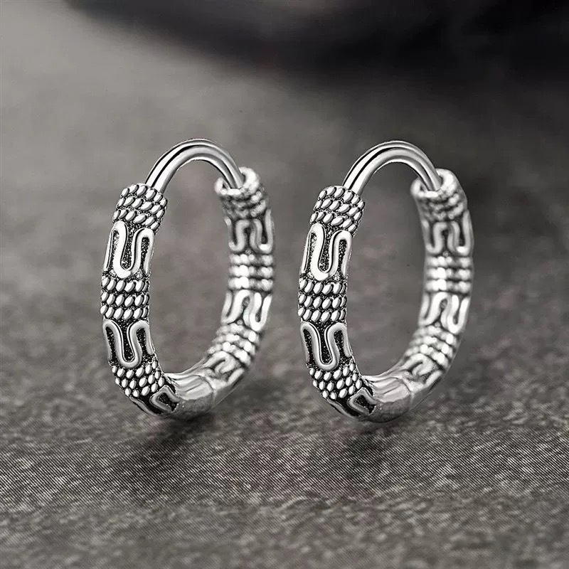 Runxin Retro Peace Pattern Earrings for Men, Fashionable and Personalized Imitation Thai Silver Earrings, Simple and Versatile Ethnic Style Totem Earrings