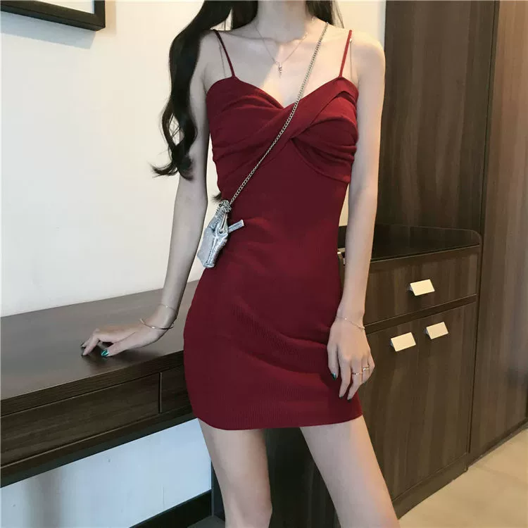 Slip dress (women) summer spaghetti‑strap bodycon mini, one size 75–120 kg, maroon, black, white